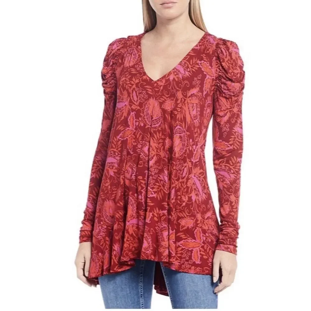 Free People Hello Lover Tunic Top XS Scarlet Combo Red V-Neck Puff Sleeve Boho